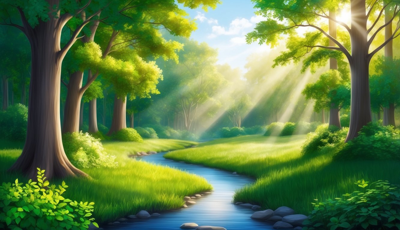 A peaceful forest clearing with sunlight filtering through the trees, a gentle stream, and vibrant green foliage