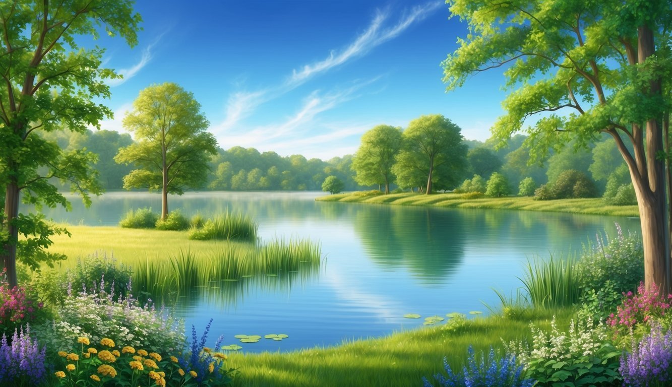 A serene nature scene with a tranquil lake, surrounded by lush greenery and colorful flowers, with a clear blue sky overhead