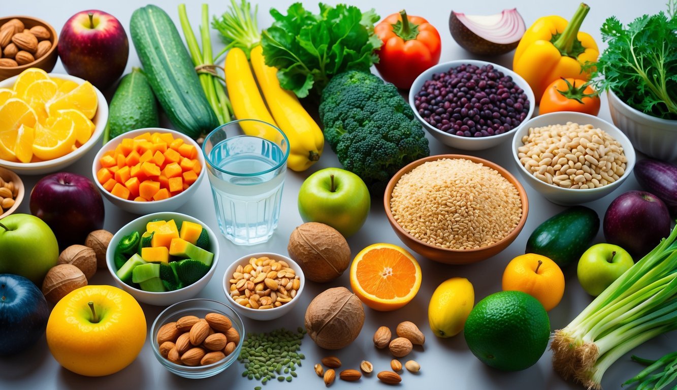 A colorful array of fruits, vegetables, whole grains, and legumes arranged on a table, with a glass of water and a bowl of nuts, showcasing a variety of high-fiber foods