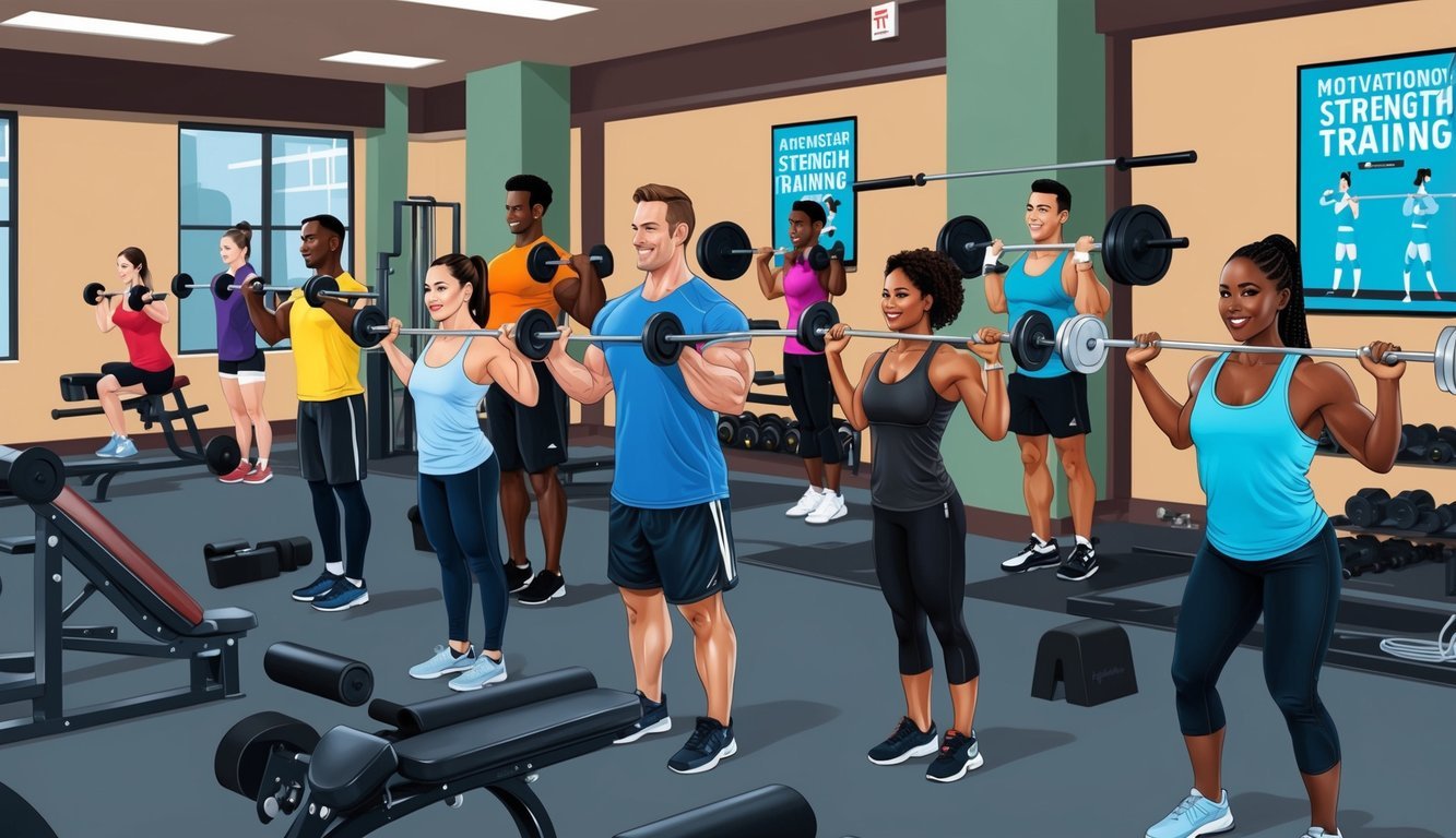 A group of diverse individuals engage in various strength training exercises in a well-lit gym, surrounded by equipment and motivational posters