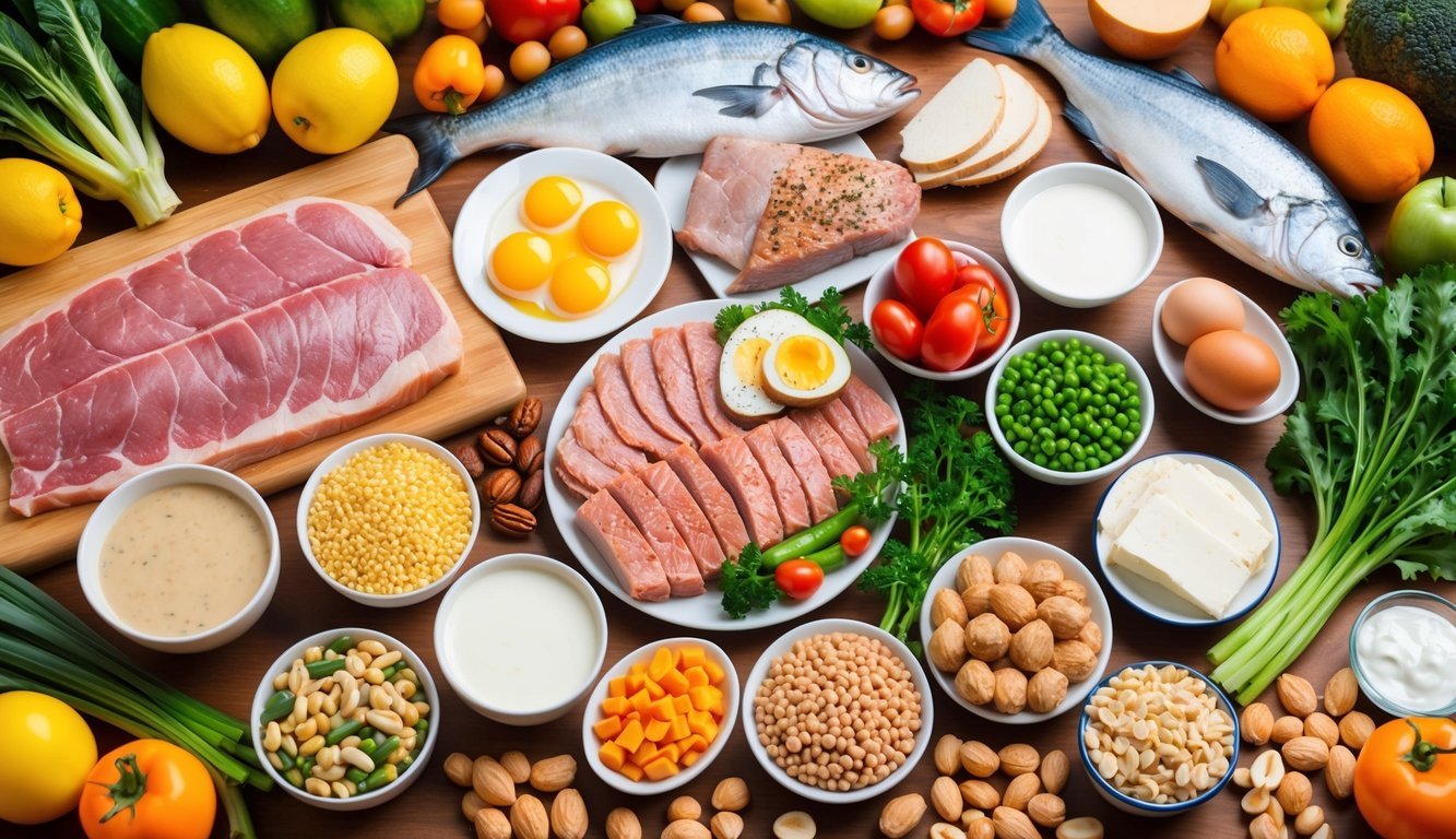 A colorful array of protein-rich foods laid out on a table, including lean meats, fish, eggs, legumes, nuts, and dairy products.</p><p>A vibrant background of fruits and vegetables completes the scene