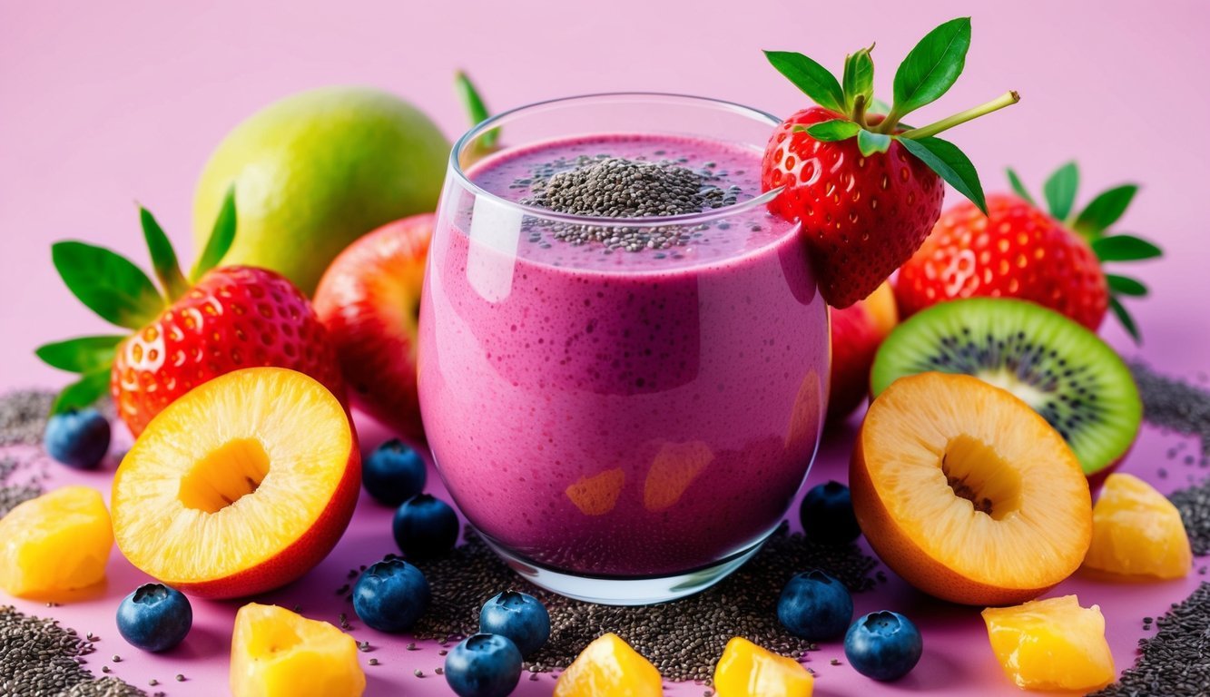 A vibrant smoothie surrounded by fresh fruits and chia seeds, with a clear, dewy skin in the background