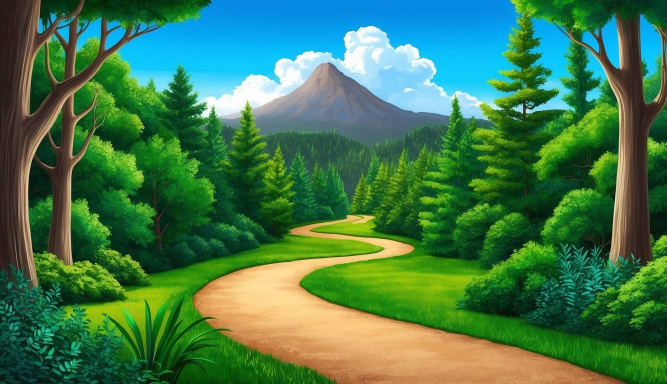 A winding path through a lush forest, with a mountain in the distance and a clear blue sky above