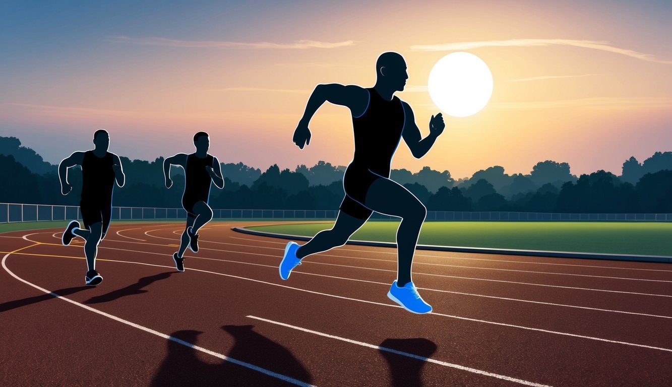 A figure running on a track, alternating between sprints and slow jogs.</p><p>The sun setting in the background, casting long shadows on the ground