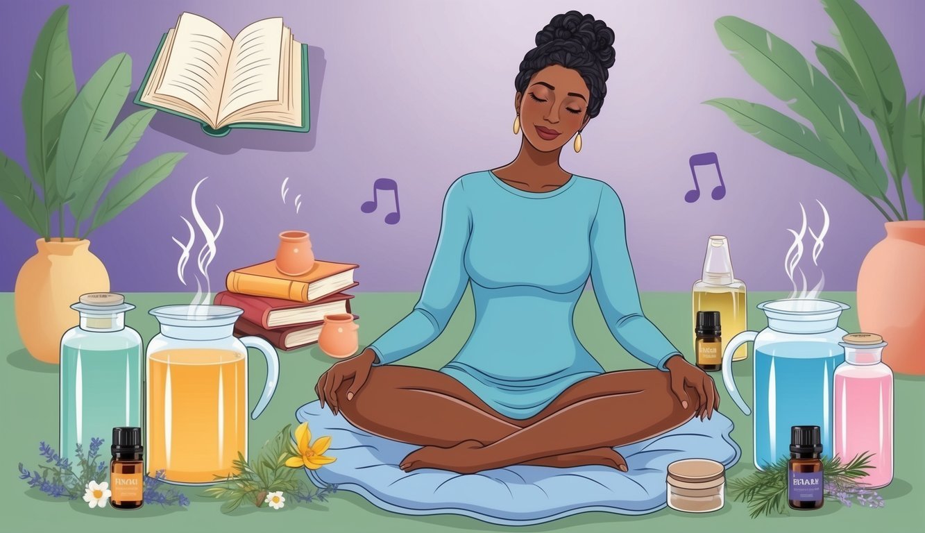 A serene woman surrounded by herbal teas, hot water bottles, and essential oils, with a comforting book and soothing music in the background