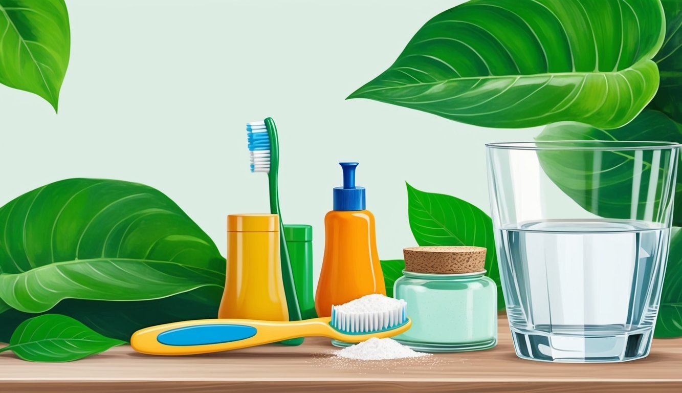 A toothbrush with baking soda sits next to a row of natural dental care items, surrounded by vibrant green leaves and a clear glass of water