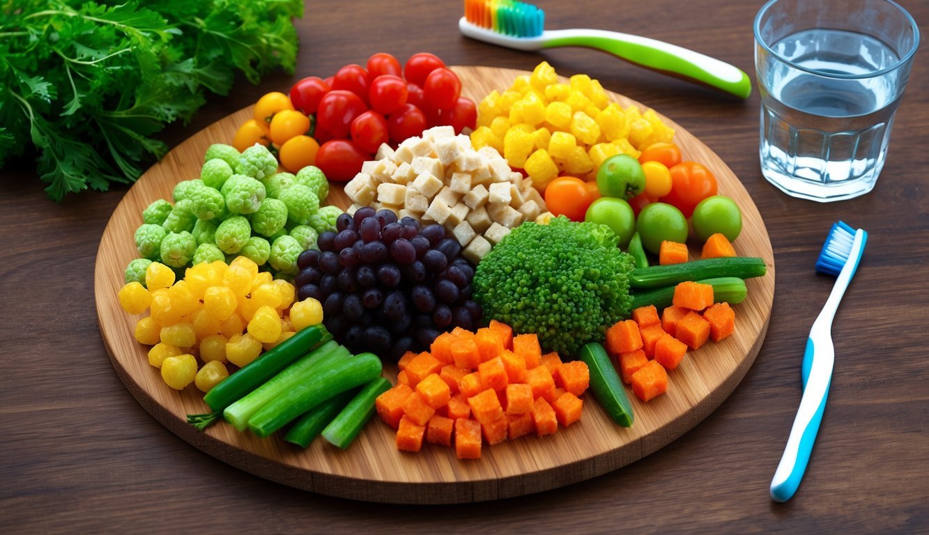 A variety of colorful crunchy vegetables arranged on a wooden cutting board.</p><p>A toothbrush and a glass of water sit nearby