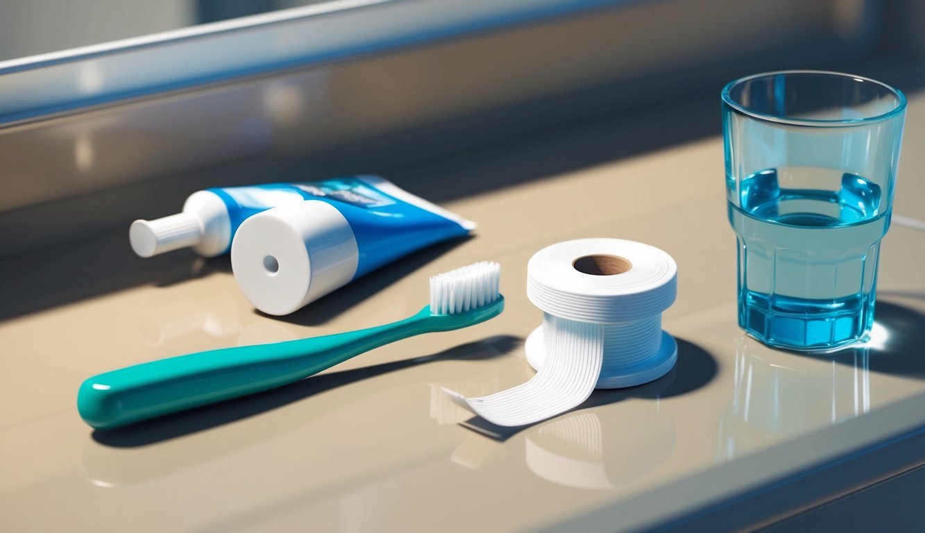 A toothbrush and a spool of floss sitting on a bathroom countertop, surrounded by a tube of toothpaste and a glass of water