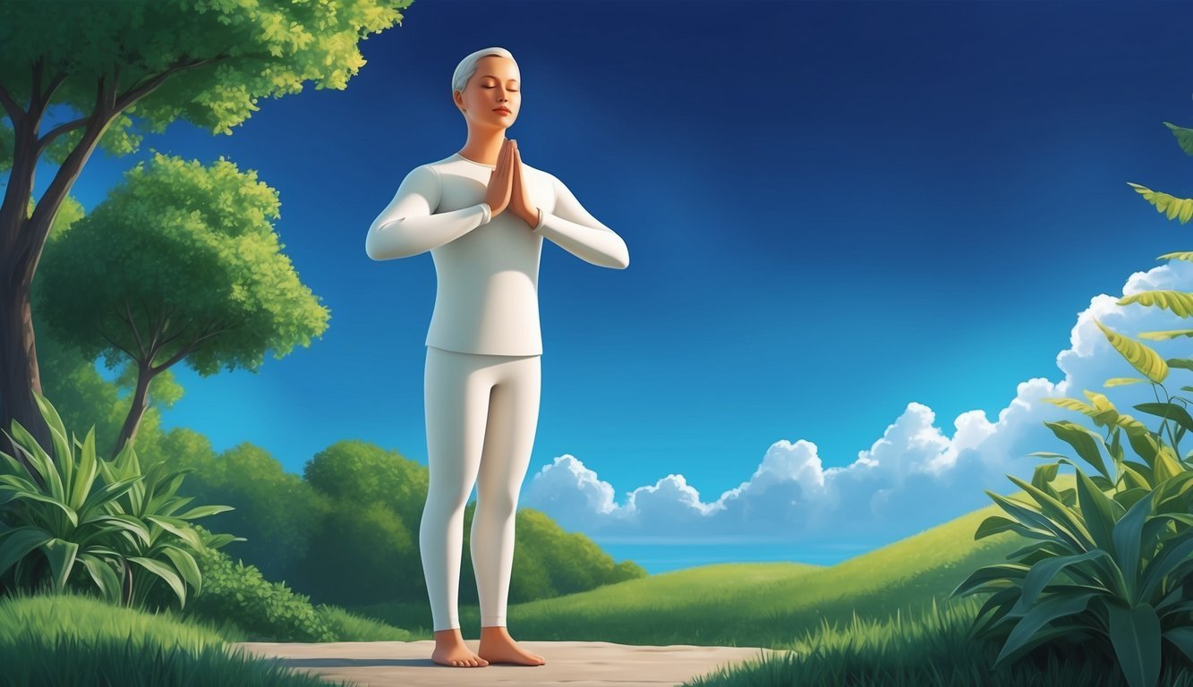 A figure standing in a serene natural setting, surrounded by lush greenery and deep blue skies, practicing deep breathing exercises with a calm and focused expression