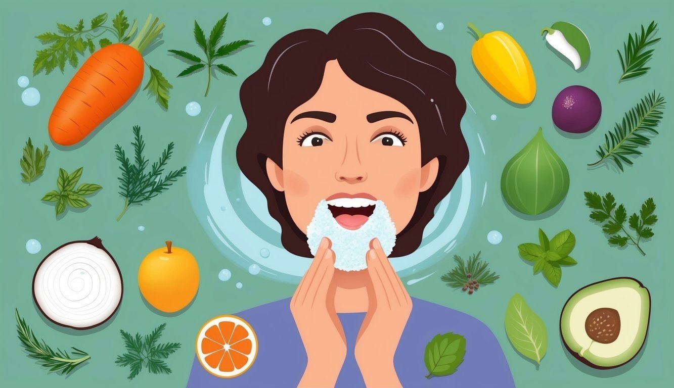 A person rinsing their mouth with saltwater, surrounded by natural tooth and gum care items like herbs, fruits, and vegetables