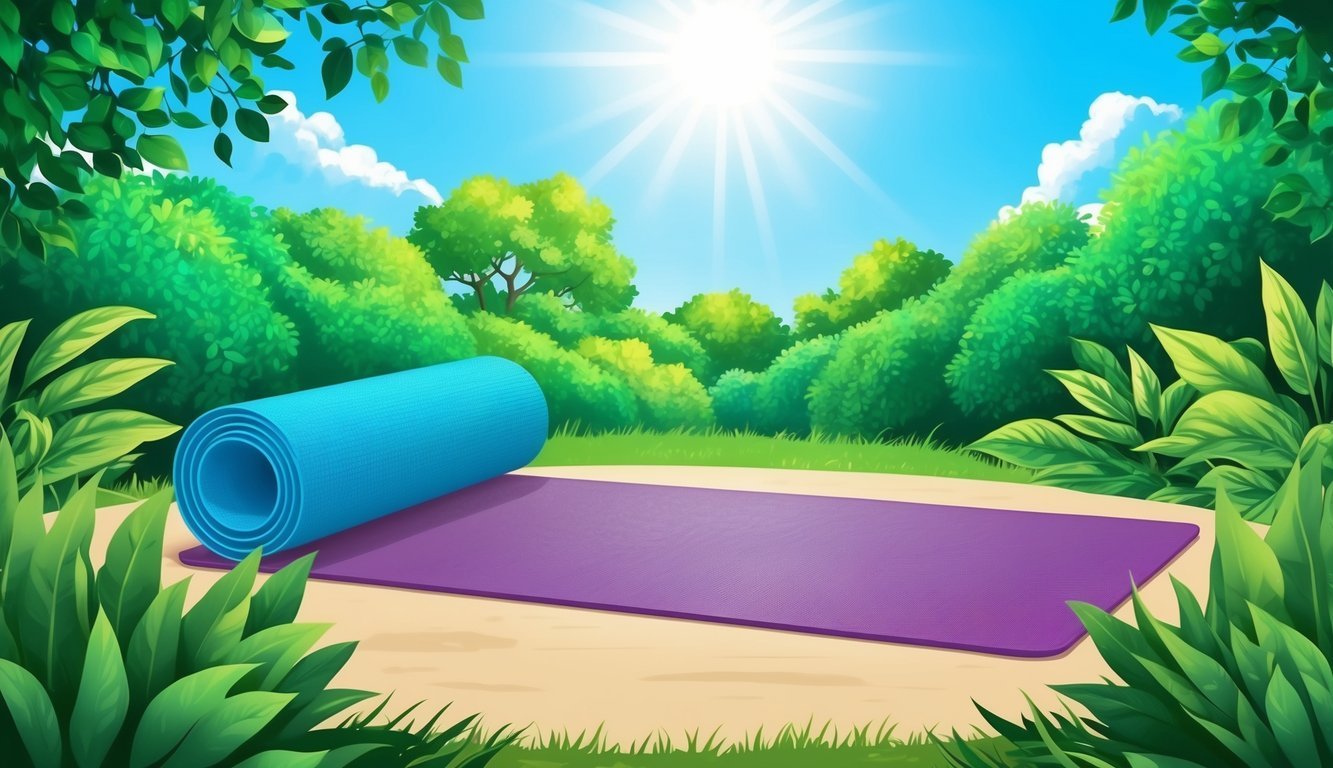 A serene outdoor setting with a yoga mat surrounded by lush greenery and a clear blue sky, with the sun shining down, creating a peaceful and calming atmosphere for practicing yoga