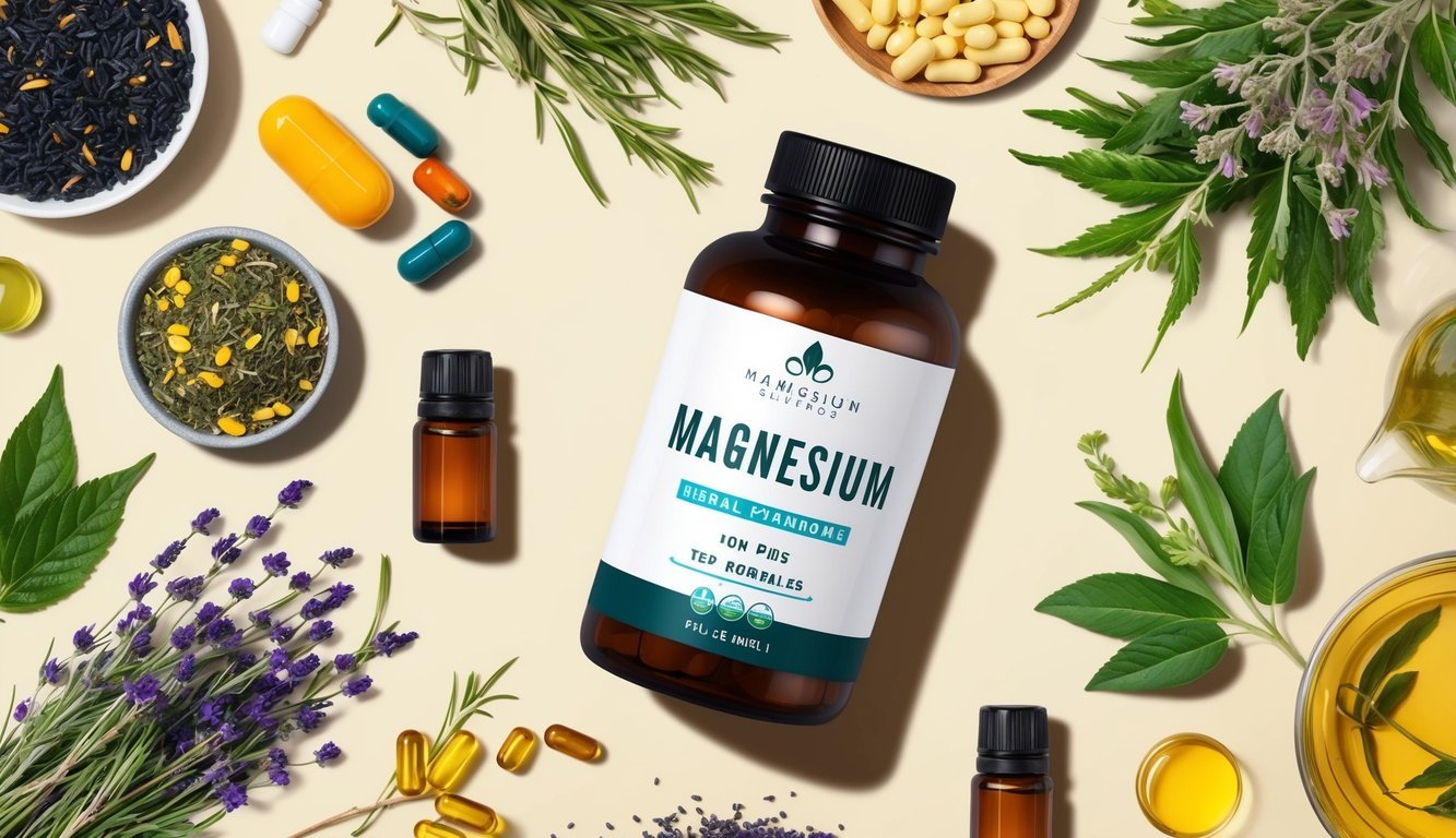 A bottle of magnesium supplements surrounded by various natural remedies for PMS symptoms, such as herbal teas, vitamins, and essential oils