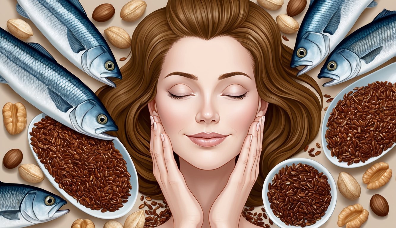 A serene woman surrounded by fish, flaxseeds, and nuts, with a calm expression on her face