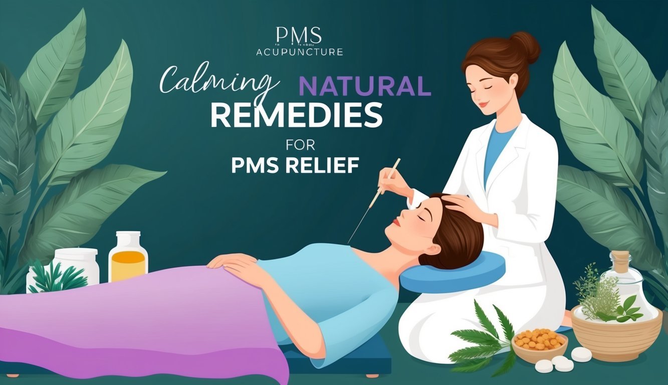 A serene setting with a woman receiving acupuncture while surrounded by calming natural remedies for PMS relief