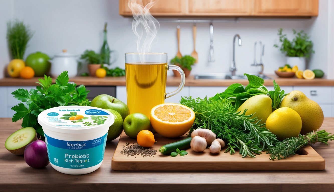 A serene kitchen with fresh herbs, fruits, and vegetables arranged on a wooden cutting board.</p><p>A steaming cup of herbal tea sits beside a jar of probiotic-rich yogurt