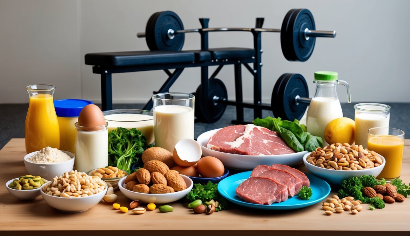 A variety of protein-rich foods displayed on a table, including lean meats, eggs, dairy products, nuts, and legumes.</p><p>A weightlifting bench and dumbbells in the background