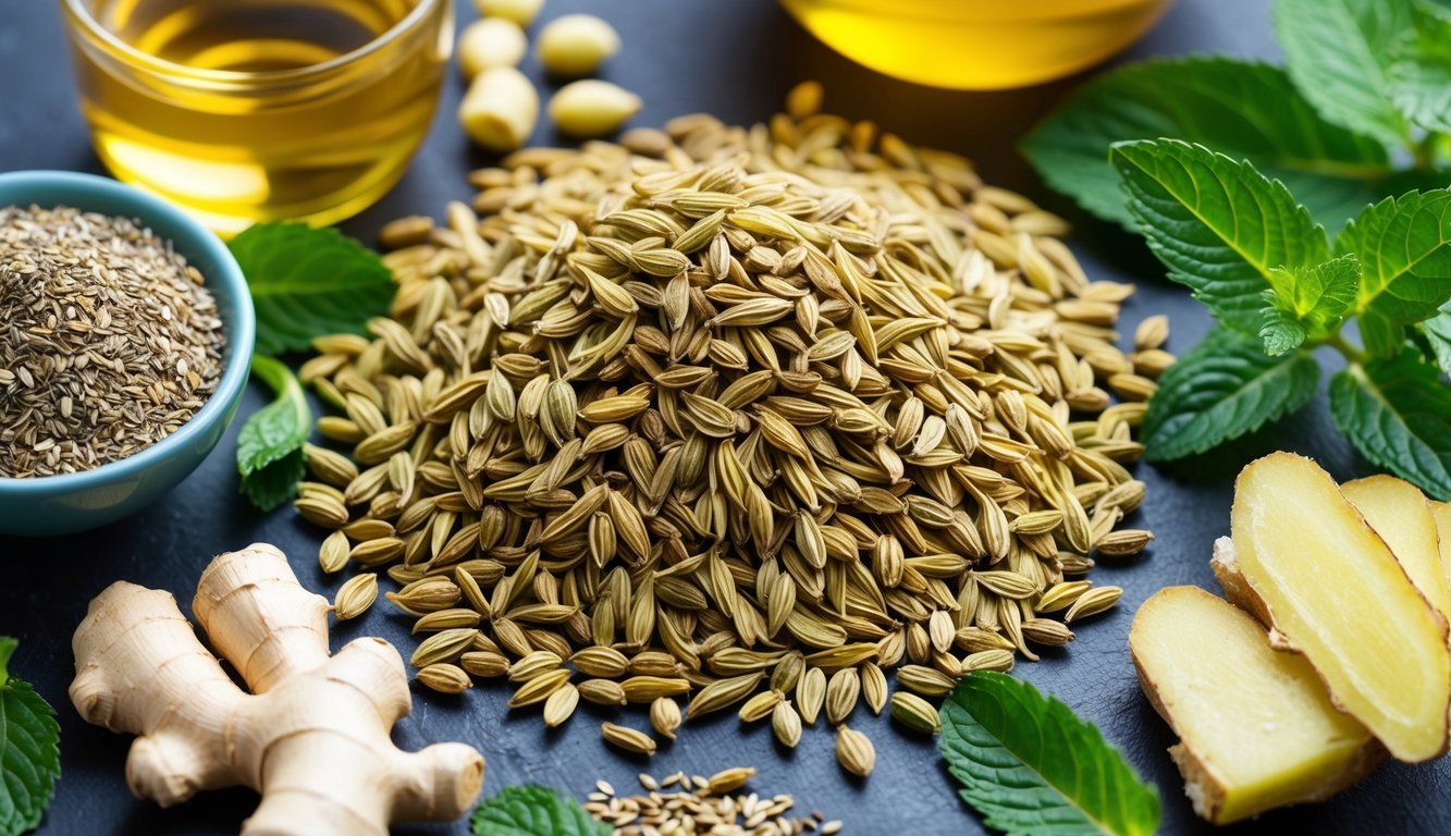 A collection of fennel seeds surrounded by various natural remedies for reducing bloating and indigestion, such as herbal teas, ginger, and peppermint leaves