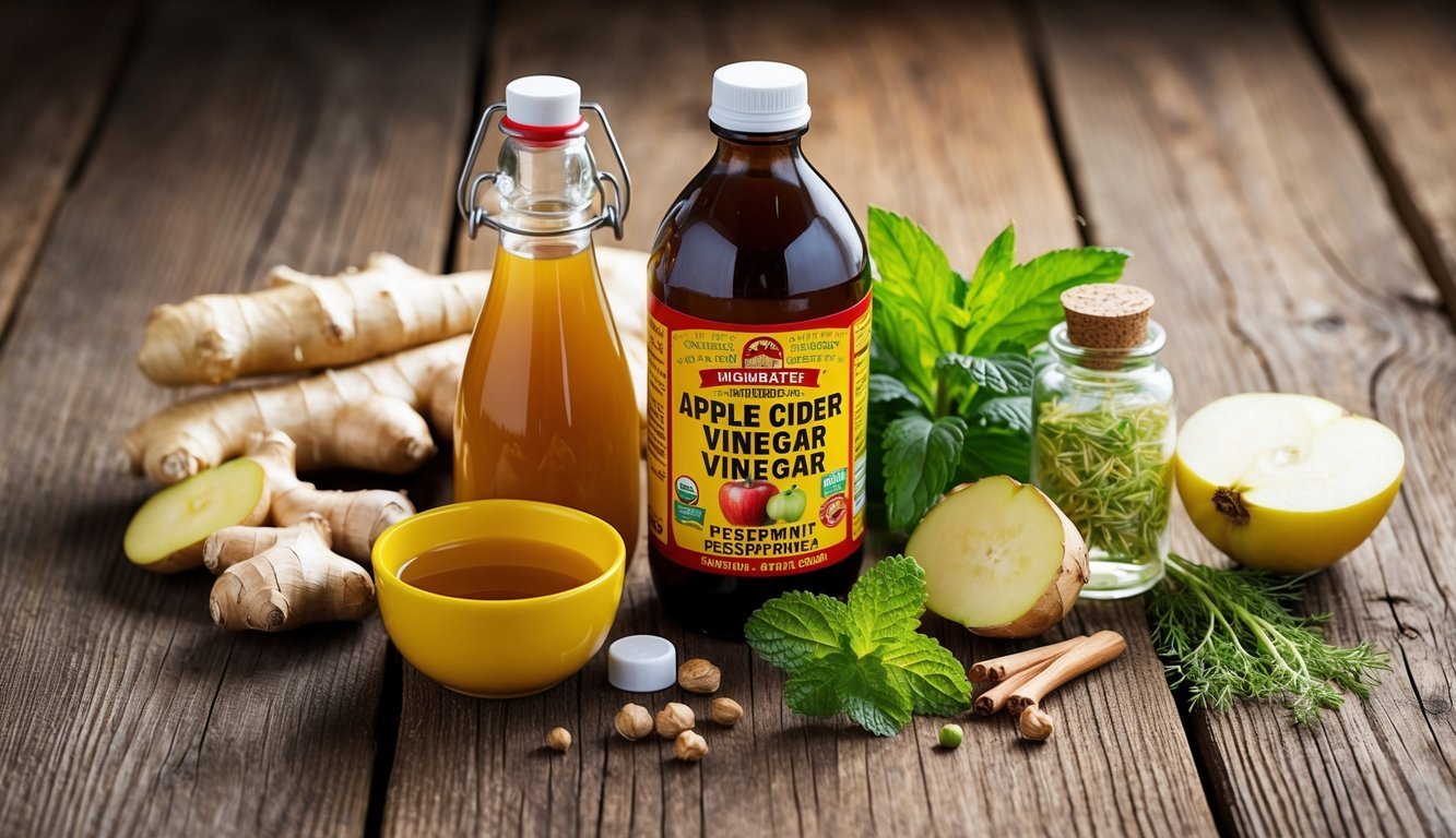 A bottle of apple cider vinegar surrounded by various natural remedies such as ginger, peppermint, and fennel, all arranged on a rustic wooden table