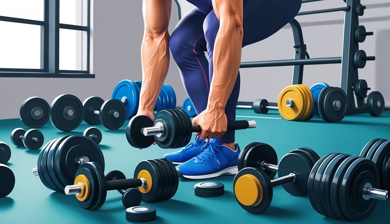 A person using free weights in a gym, with various dumbbells and barbells scattered around, focusing on enhancing muscle tone and strength