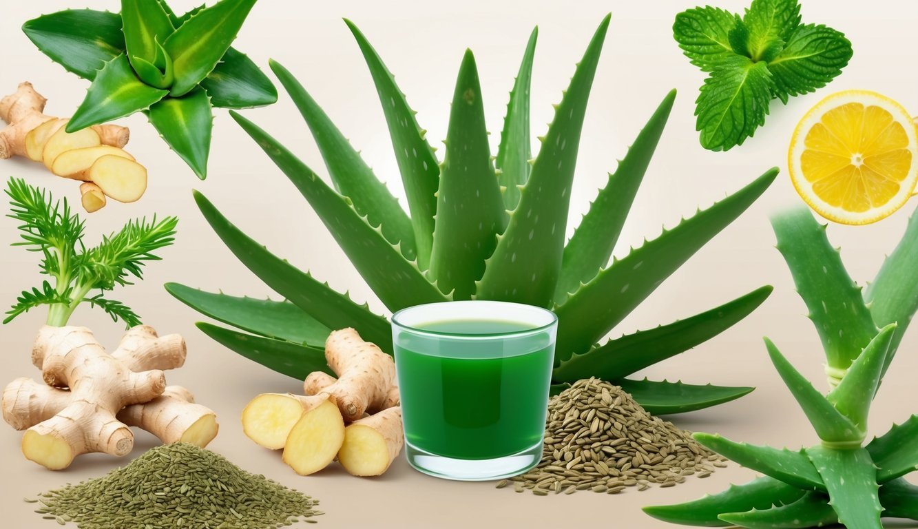 Aloe vera plant surrounded by various natural remedies like ginger, peppermint, and fennel seeds, with a glass of aloe vera juice in the center