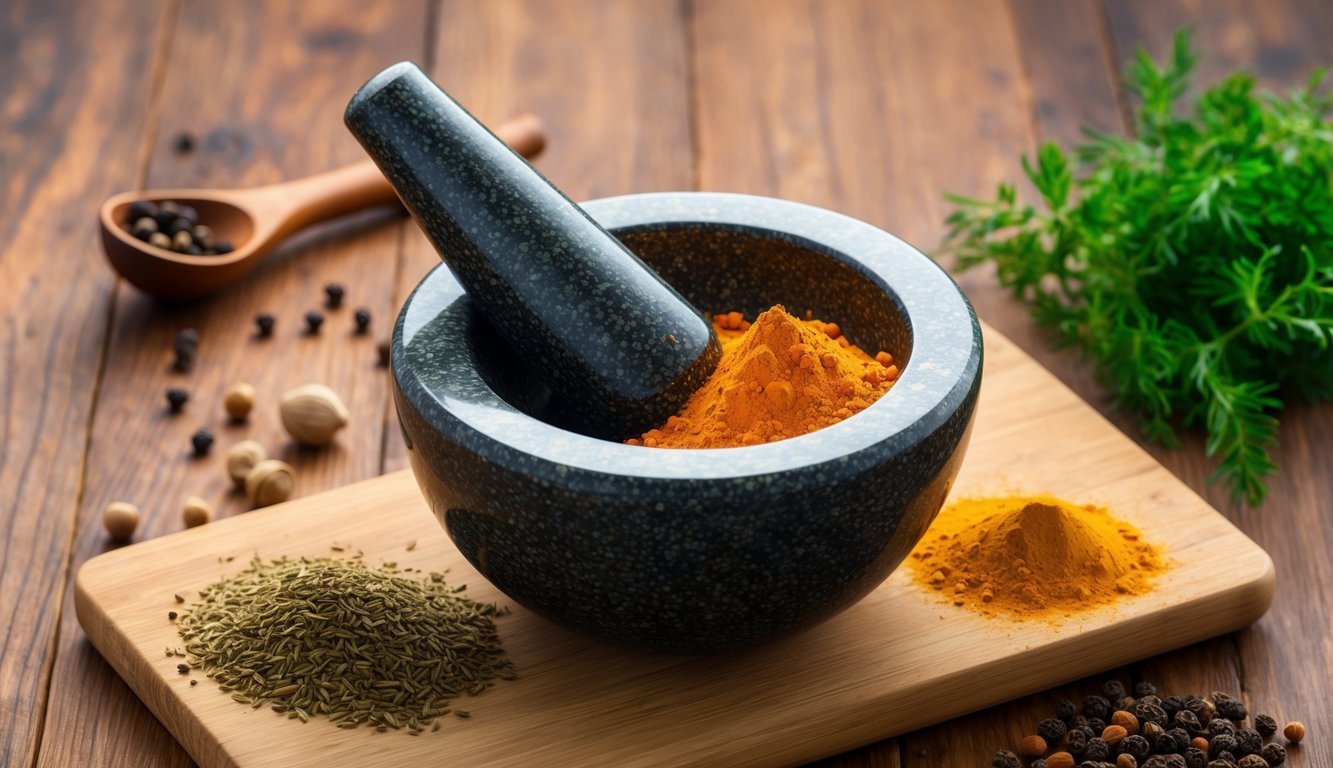 A mortar and pestle grind turmeric and black pepper, surrounded by various herbs and spices on a wooden cutting board