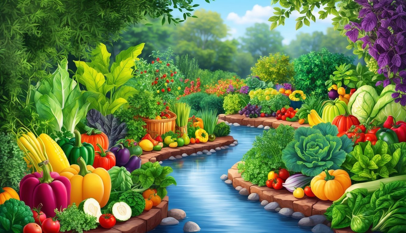 A serene garden with a variety of colorful fruits, vegetables, and herbs, surrounded by a peaceful stream and vibrant greenery