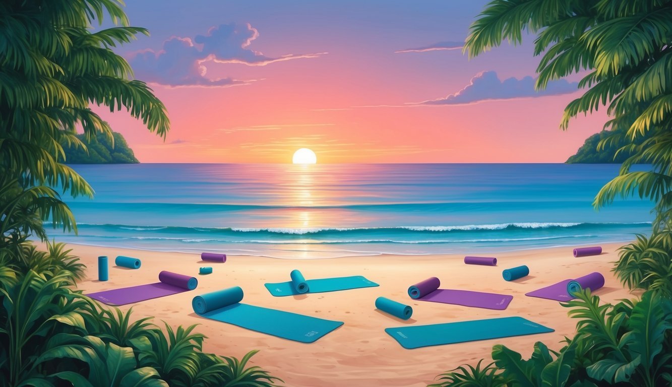 A serene sunset over a tranquil beach, with scattered yoga mats and foam rollers, surrounded by lush greenery