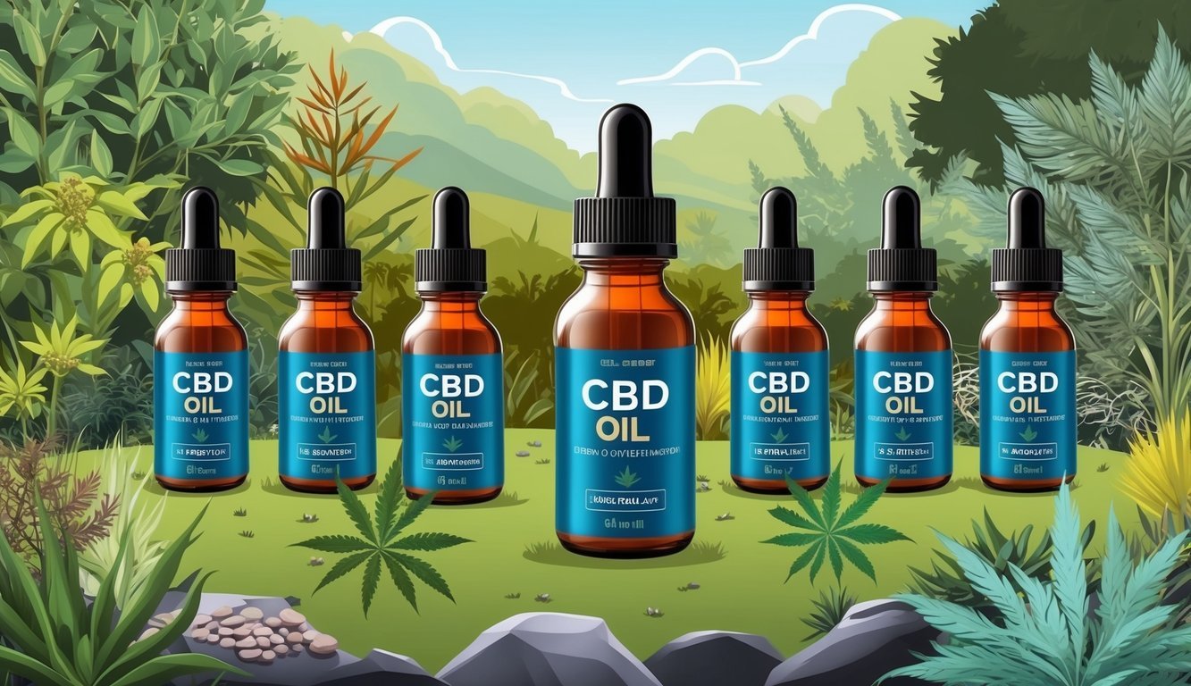 A serene landscape with eight bottles of CBD oil surrounded by various plants and natural elements, conveying relief from chronic pain and inflammation