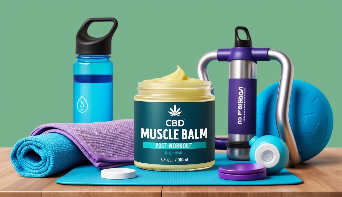 A jar of CBD muscle balm surrounded by various post-workout items like a water bottle, towel, and gym equipment