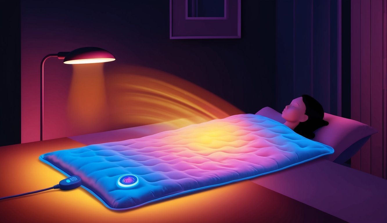 A heat therapy pad glowing in a dark room, emitting warmth and comfort for pain relief