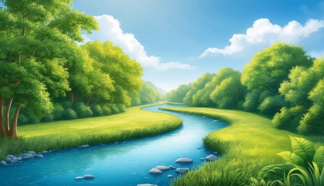 A serene, natural setting with a winding river, lush greenery, and a clear blue sky, conveying a sense of calm and relief from chronic pain and inflammation