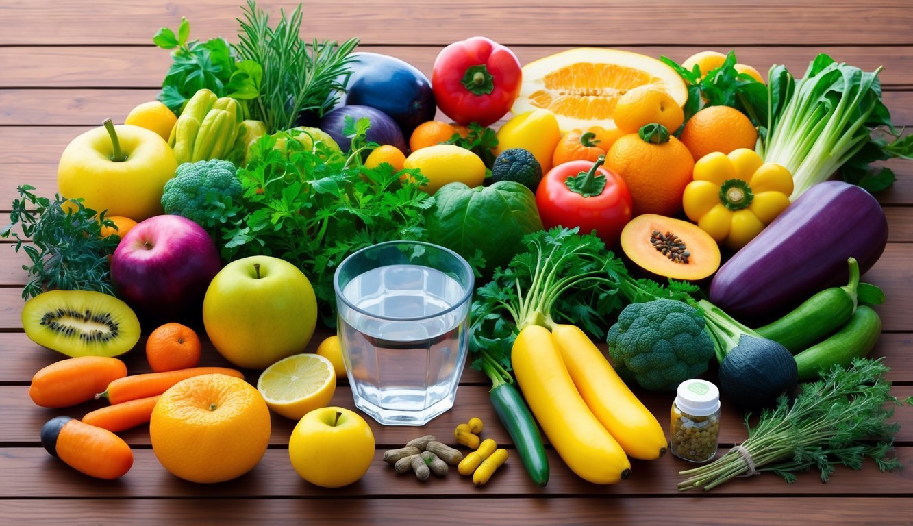 A vibrant assortment of fruits, vegetables, and herbs arranged on a wooden table, with a clear glass of water and a bottle of herbal supplements