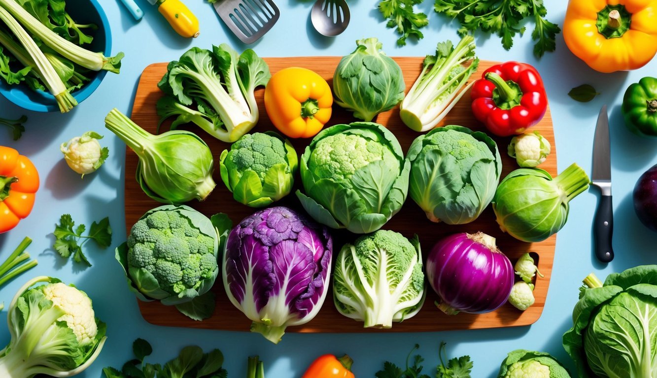 A colorful array of cruciferous vegetables arranged on a cutting board, surrounded by various kitchen utensils and a vibrant backdrop of fresh produce