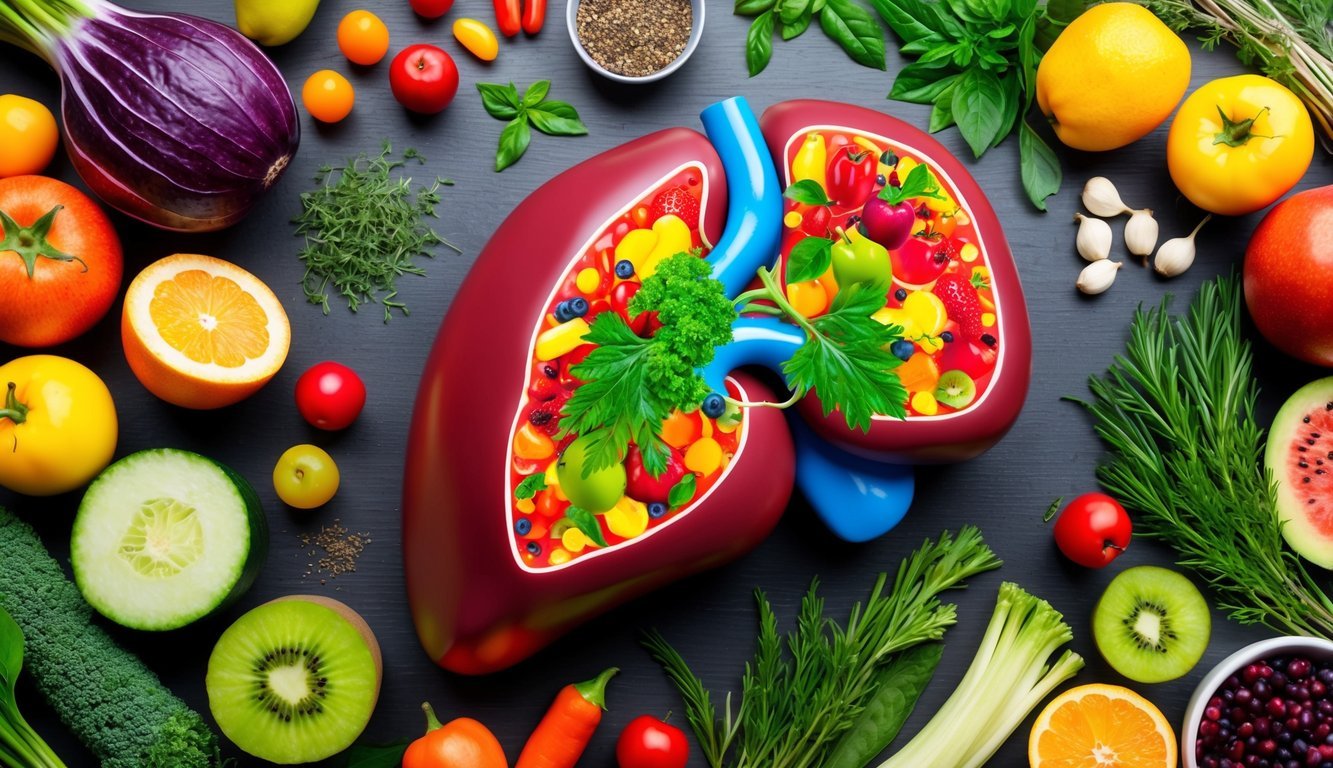 A vibrant, colorful liver surrounded by various fruits, vegetables, and herbs, symbolizing a healthy lifestyle and supporting liver function