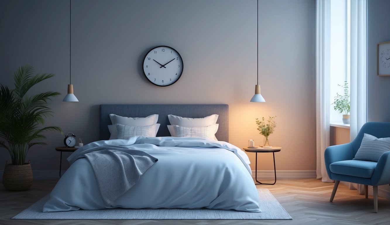 A peaceful bedroom with a cozy bed, dim lighting, and a serene atmosphere.</p><p>A clock on the wall shows a reasonable bedtime hour