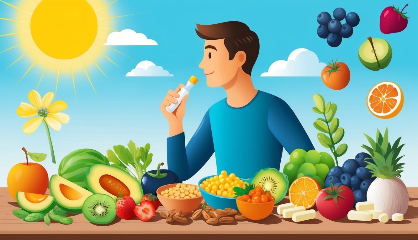 A bright, sunny day with a person taking vitamin D and calcium supplements surrounded by a variety of foods rich in these nutrients