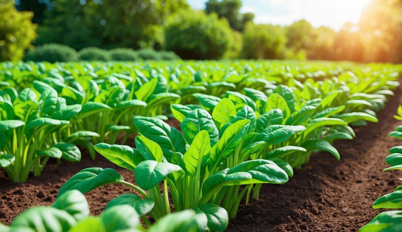 A vibrant garden with lush, green spinach plants growing in neat rows under the warm sun