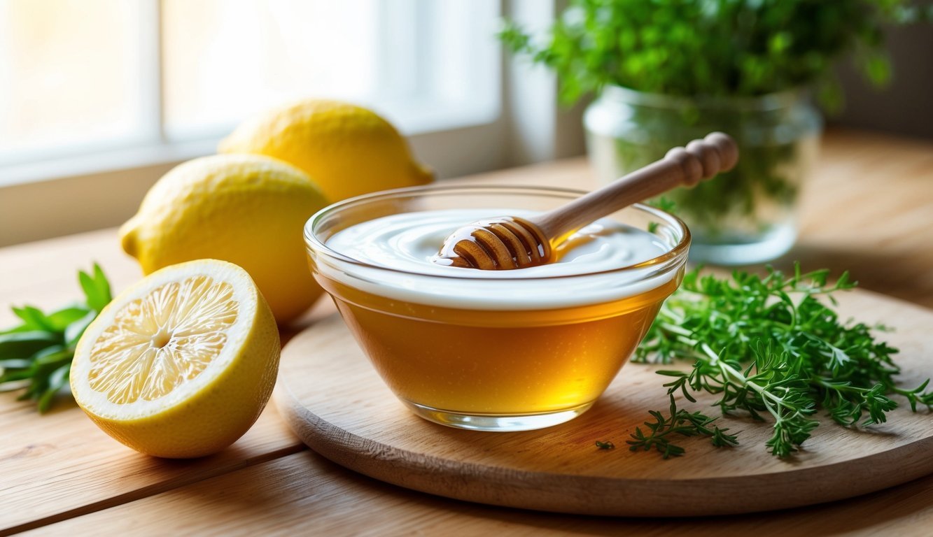 A small bowl of honey and yogurt sits on a wooden table, surrounded by fresh ingredients like lemons and herbs.</p><p>A soft, natural light filters in through a nearby window, casting a warm glow on the scene