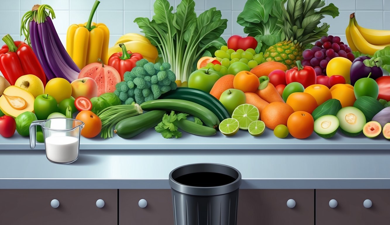 A colorful array of fruits and vegetables arranged on a kitchen counter, with a measuring cup filled with sugar next to a trash can