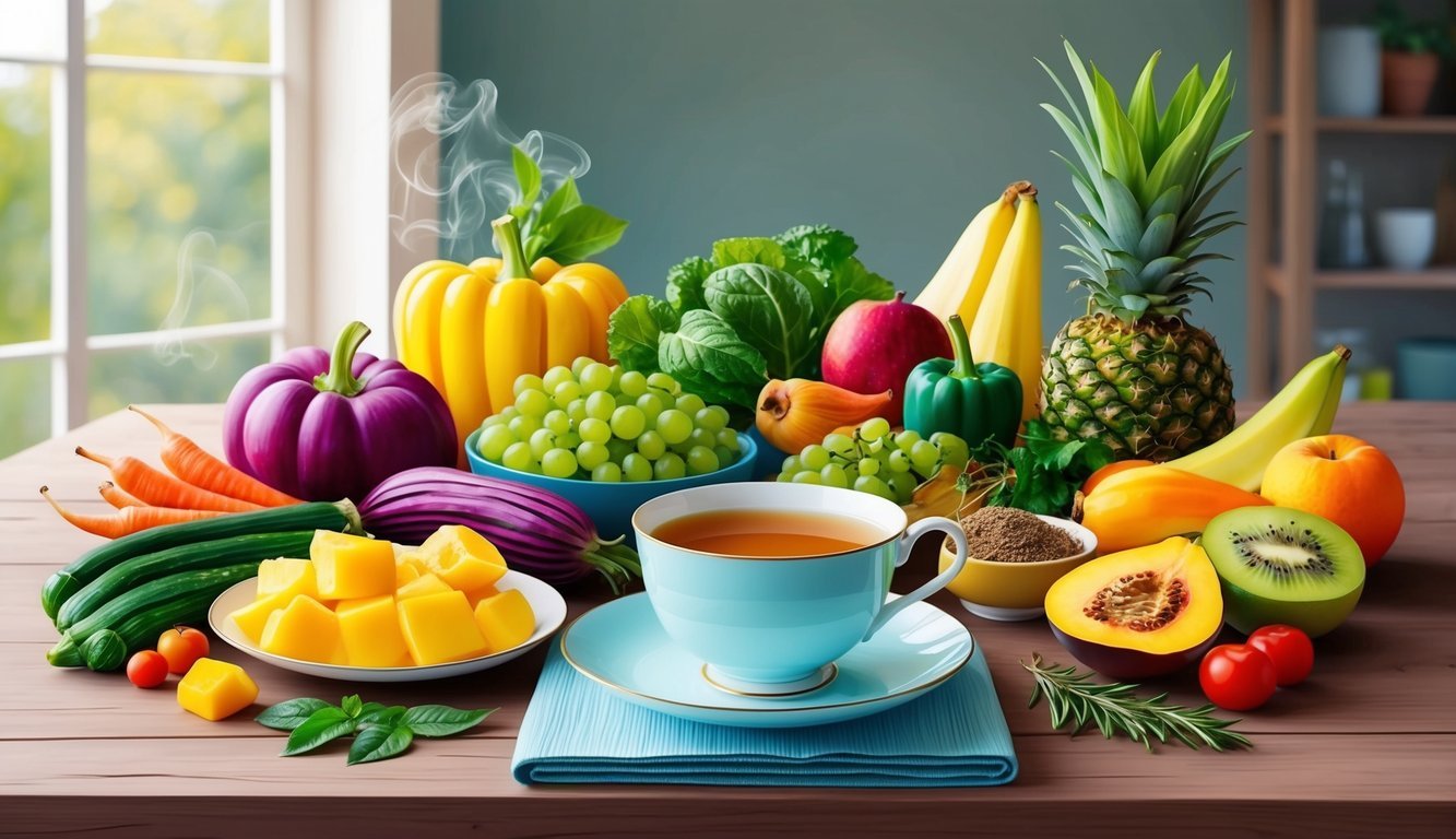 A serene table setting with a variety of colorful fruits and vegetables, a cup of herbal tea, and a peaceful atmosphere