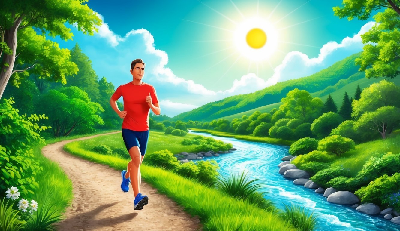 A person jogging on a scenic trail surrounded by lush greenery and a flowing river, with the sun shining brightly in the sky