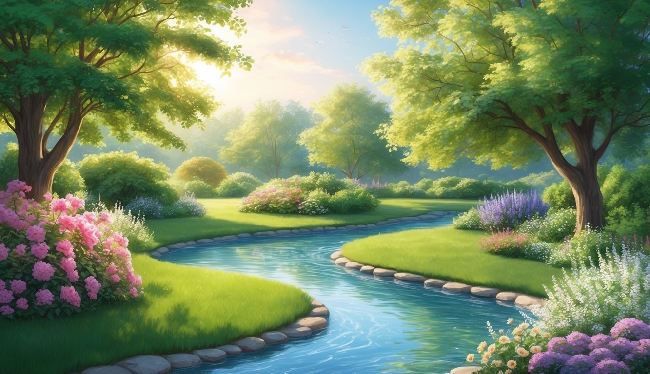 A serene, sunlit garden with blooming flowers and lush greenery, surrounded by clear, flowing water and a gentle breeze