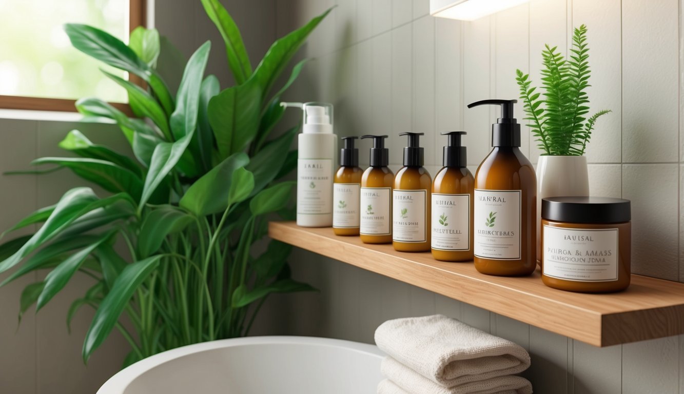 A serene bathroom setting with natural skincare products arranged neatly on a wooden shelf, surrounded by lush green plants and soft natural lighting