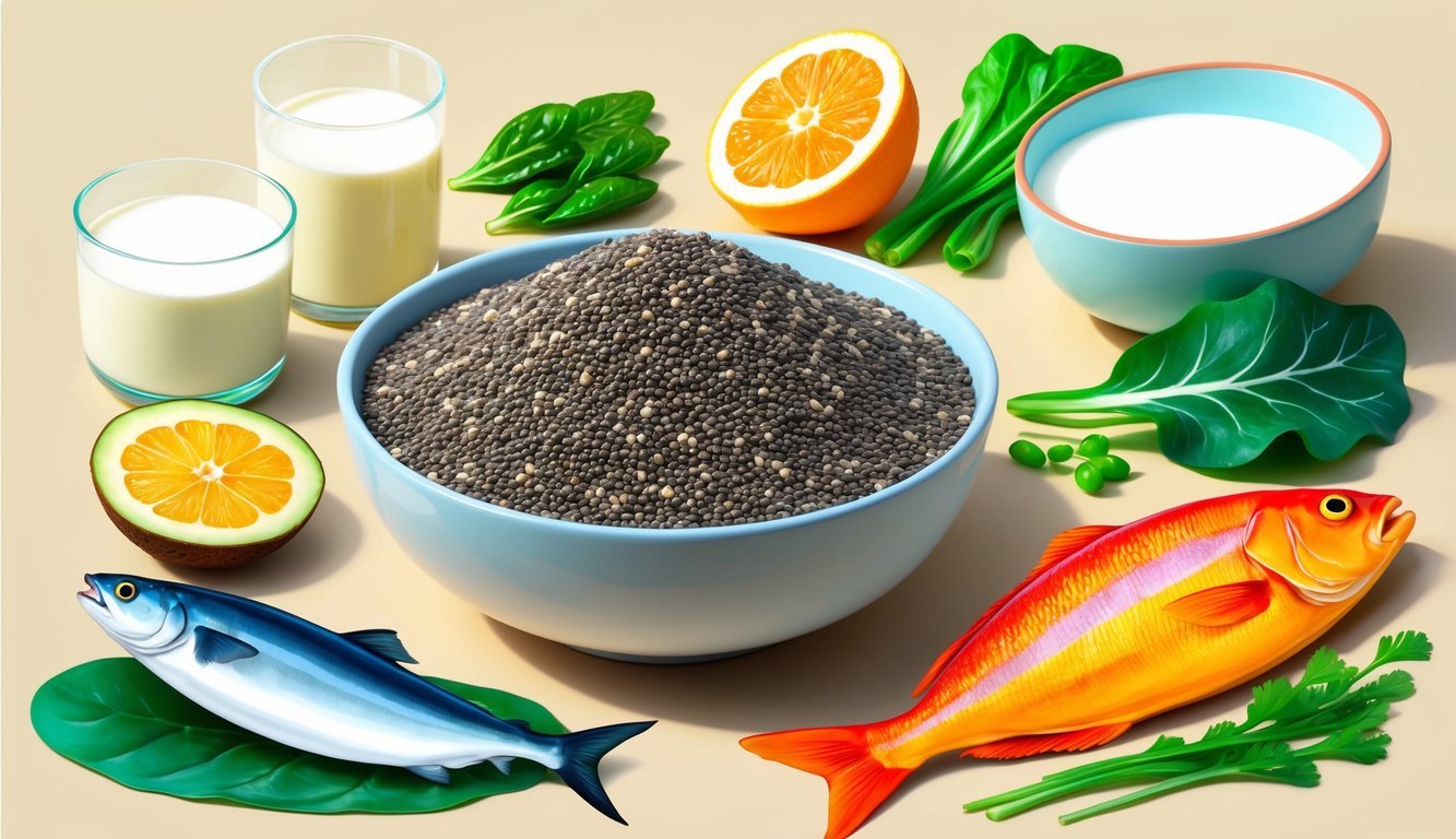 A bowl of chia seeds surrounded by various foods rich in calcium and vitamin D, such as dairy products, leafy greens, and fish