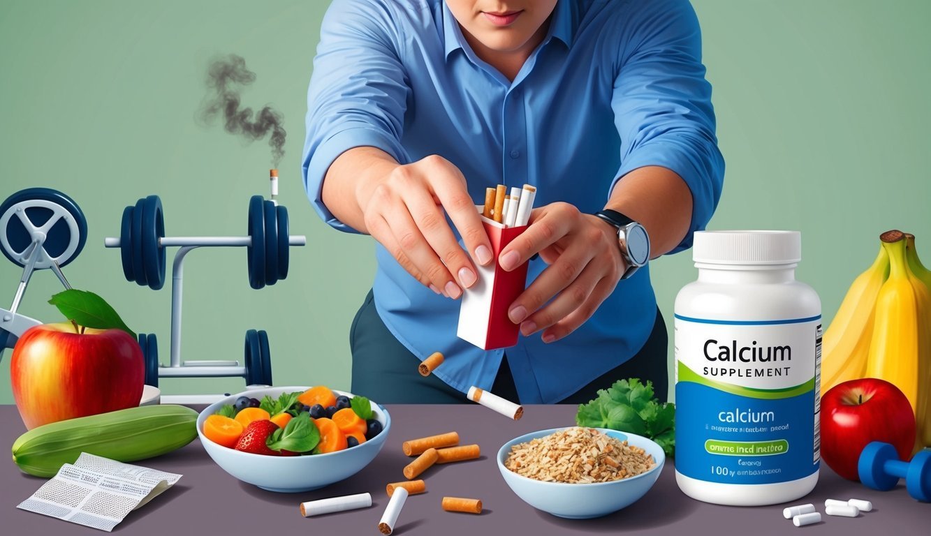 A person throwing away a pack of cigarettes while surrounded by healthy foods, exercise equipment, and a bottle of calcium supplements