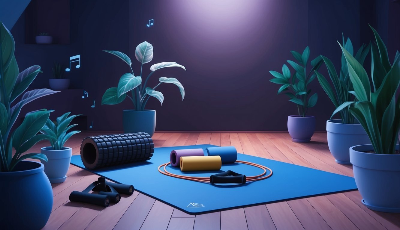 A peaceful, dimly lit room with a foam roller, resistance bands, and a yoga mat laid out on the floor, surrounded by potted plants and soft, calming music playing in the background