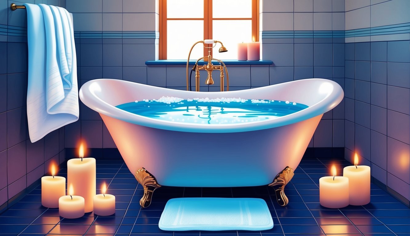 A tranquil bathroom with a bathtub filled with warm water and Epsom salt, surrounded by candles and a towel