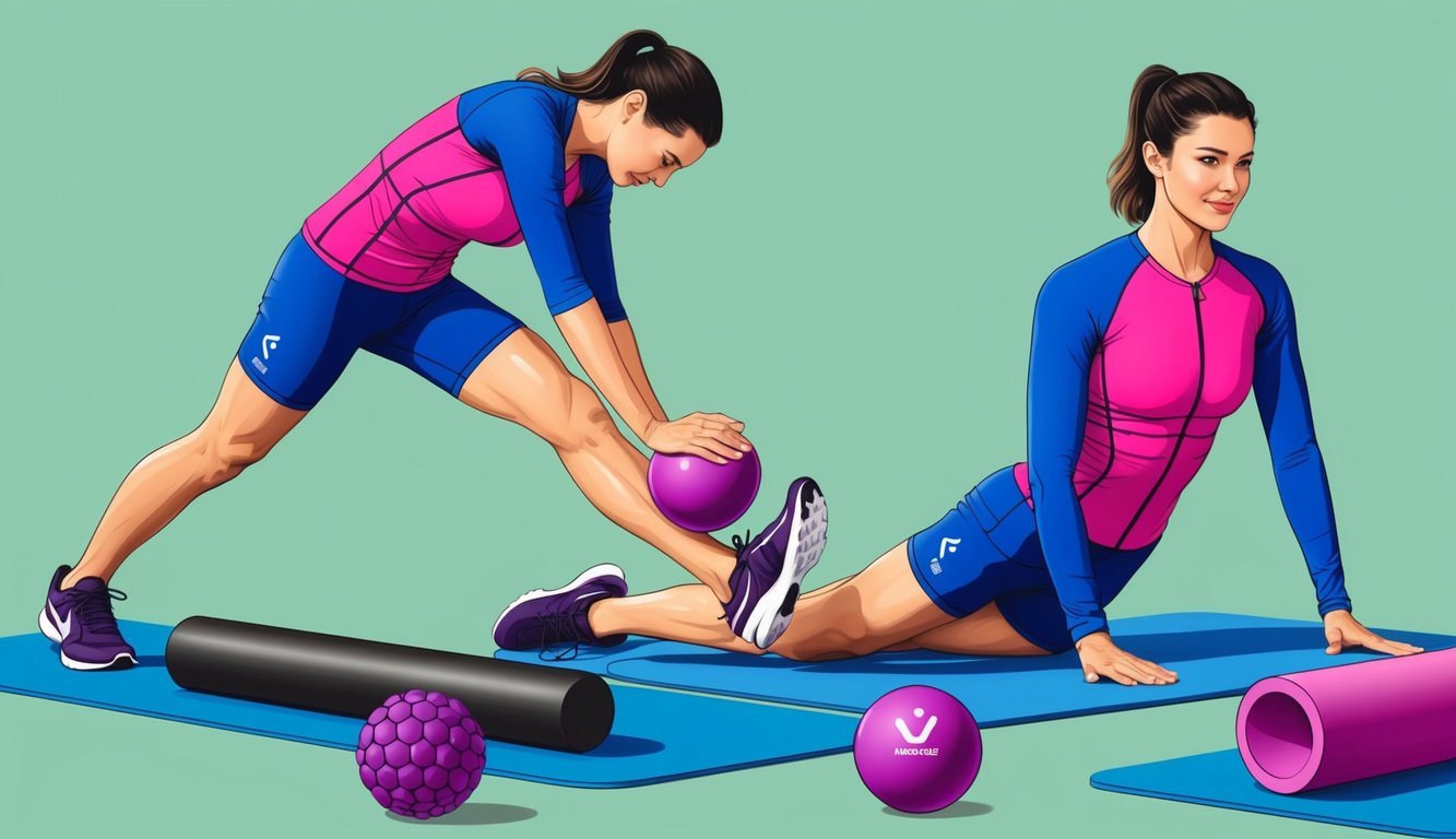 A person wearing compression clothing while engaging in post-exercise recovery activities, such as stretching, foam rolling, and using recovery tools like massage balls