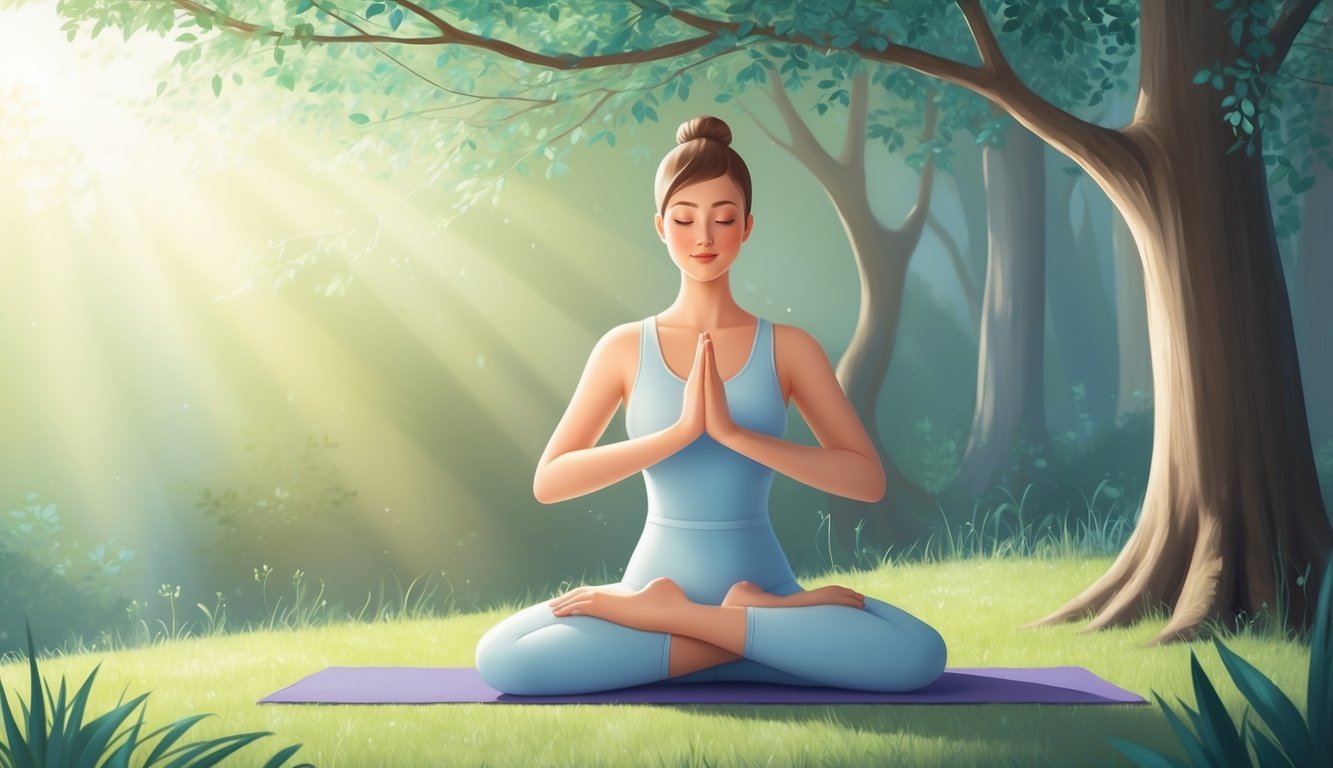 A serene figure engages in light yoga, surrounded by calming nature and gentle sunlight filtering through the trees