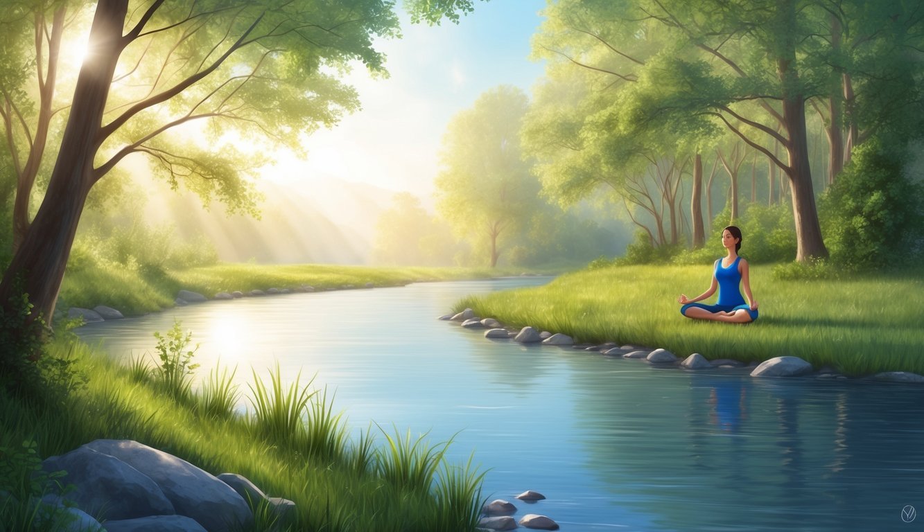 A serene nature scene with soft sunlight filtering through trees, a calm river flowing, and a person practicing yoga or meditation